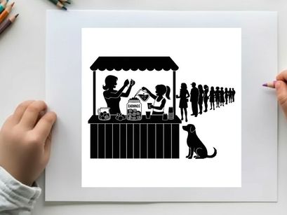 Silhouette of people waiting in line at a food stand with a dog