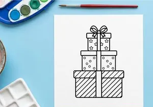 Stack of Christmas gift boxes with ribbons and patterns in a simple line art style