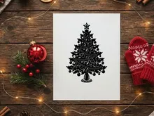Black and white Christmas tree illustration with ornaments and star topper