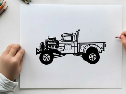 Silhouette of a vintage pickup truck with large tires and exposed engine silhouette