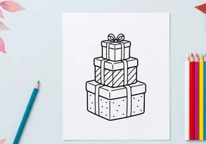 Stack of Christmas gift boxes line art illustration for holiday coloring page design