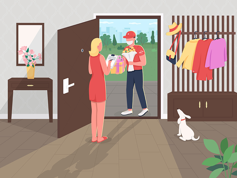 Surprise package delivery during lockdown flat color vector illustration