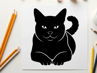 Black cat silhouette with white outline and eyes