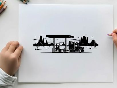 Silhouette of a truck at a gas station with cityscape background silhouette