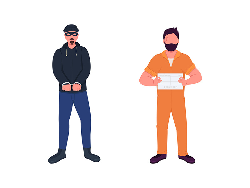 Arrested criminal flat color vector faceless character set