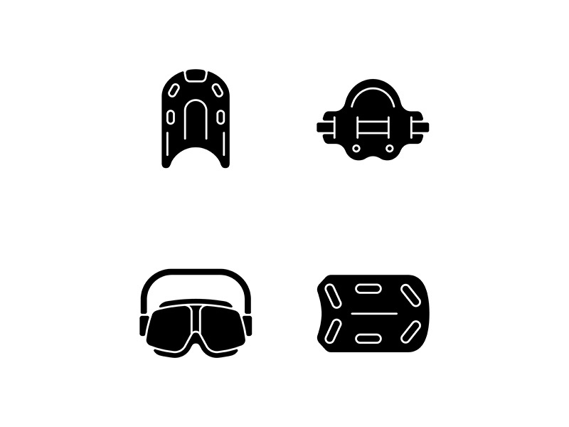 Swimming pool supplies black glyph icons set on white space