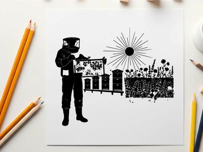 Beekeeper silhouette standing near beehives on a sunny day