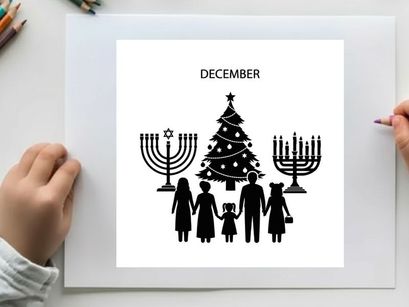 December holiday celebration silhouette of family by christmas tree and menorahs