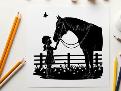 Silhouette of a little girl petting a horse