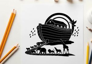 Noah's ark silhouette with animals and rainbow