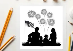 Family watching fireworks display on 4th of july in silhouette