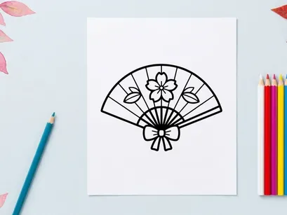 Hand-drawn paper fan with floral design. Elegant vintage illustration for decorative crafts and Asian-inspired art.