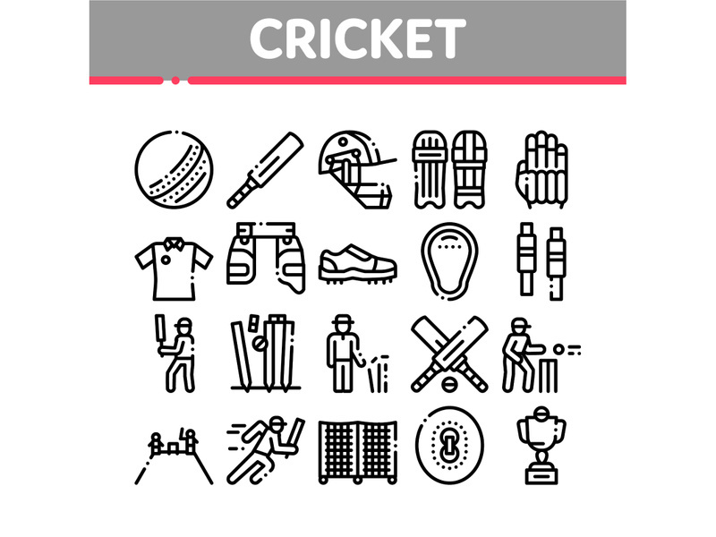 Cricket Game Collection Elements Icons Set Vector