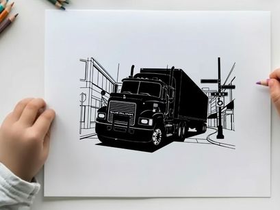 Silhouette of a semi truck driving down a city street