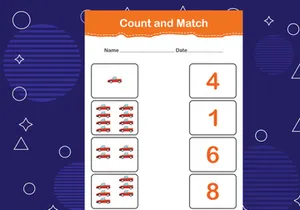 10 Pages Count and match with the correct number. Matching education game. Count how many items and choose the correct number