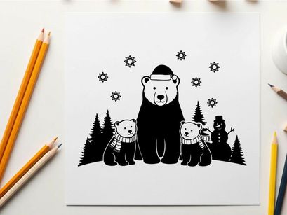 Winter scene with bear family silhouette in snowy forest
