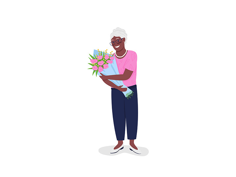 Happy mature african american woman with flowers flat color vector detailed character