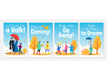 Walking in rain poster flat color vector templates set preview picture