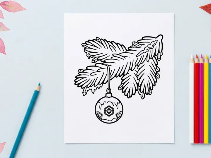 Ilustrasi seni garis pohon natal dengan hiasan gantung, seni garis liburan meriah.