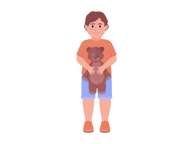 Smiling boy with teddy bear semi flat color vector character