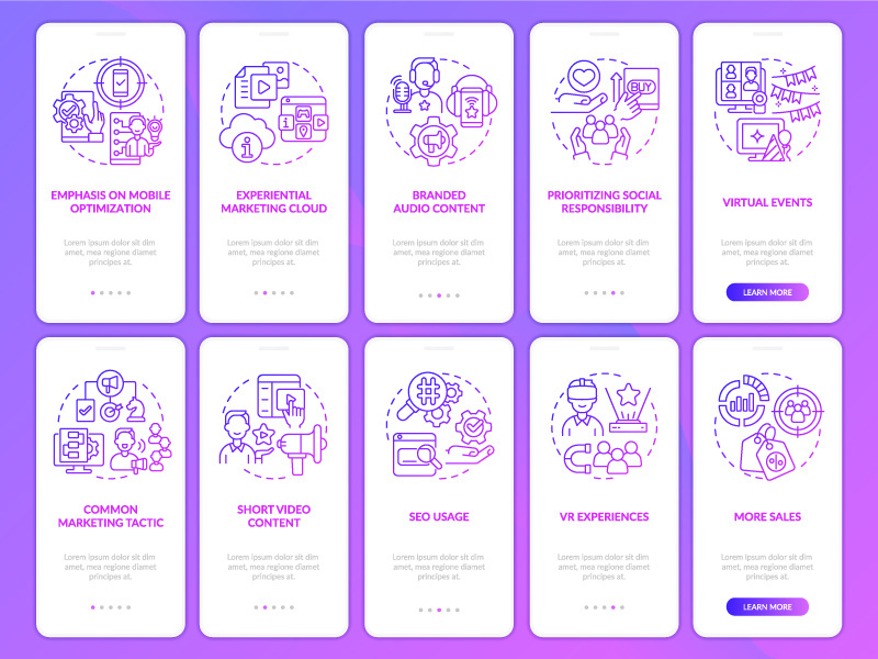 Marketing trends purple gradient onboarding mobile app screen set