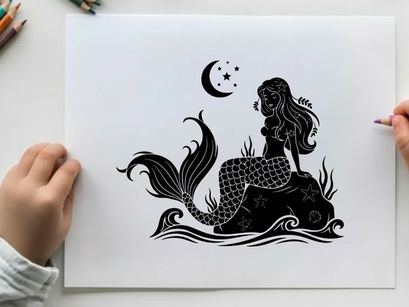 Mermaid silhouette sitting on rock under crescent moon