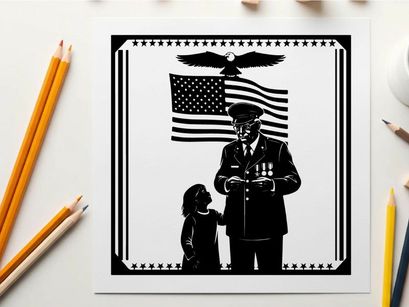 Patriotic silhouette of a veteran and child with american flag