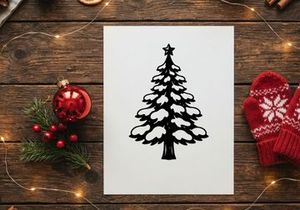 Ikon ilustrasi vektor pohon Natal dengan salju bergaya tulisan tangan, ilustrasi liburan hitam putih.