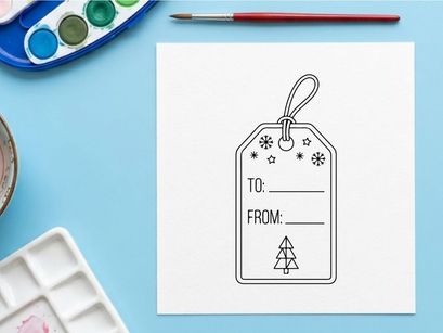 Black and white Christmas gift tag with tree and snowflake icons