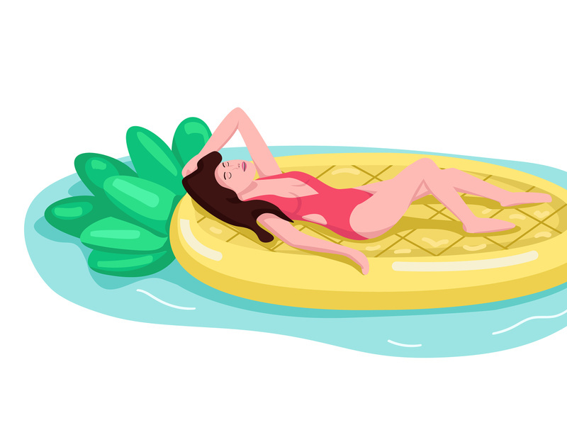 Female model sunbathing flat color vector faceless character