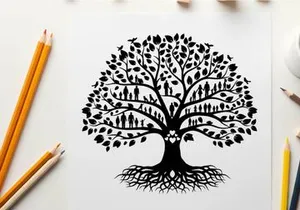 Silhouette of a tree with people and roots silhouette