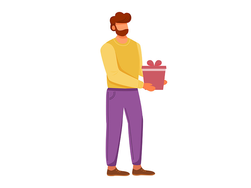 Bearded man with gift flat vector illustration