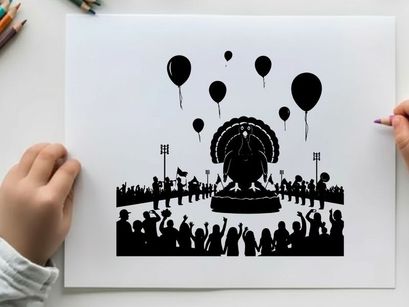 Silhouette of a crowd celebrating with balloons and a large statue