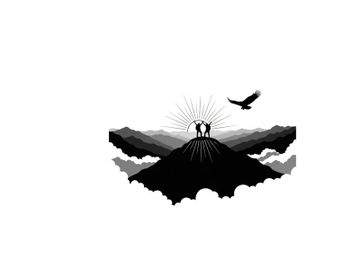 Silhouette of lovers on mountain peak with bird and sun silhouette preview picture