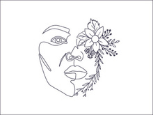 Line art portrait woman, Flower face one line vector illustration