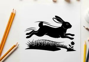 Silhouette of a rabbit running through grassy field silhouette