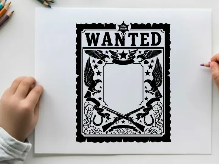 Wanted poster with silhouette of guns and sheriff badge