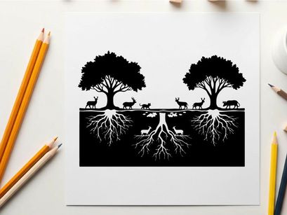ilustración vectorial de ciervo bajo árboles junto al agua