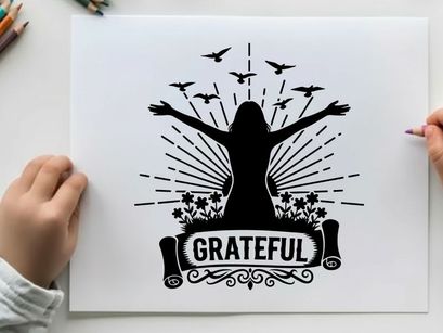 Silhouette of a woman expressing gratitude with birds and flowers