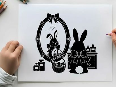Easter bunny silhouette admires reflection in ornate mirror with bow