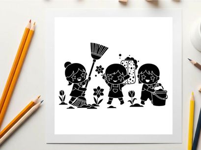 Three children gardening with tools in silhouette