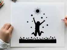 ilustrasi vektor anak riang melompat di bawah matahari