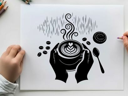 Silhouette of hands holding steaming cup of coffee silhouette