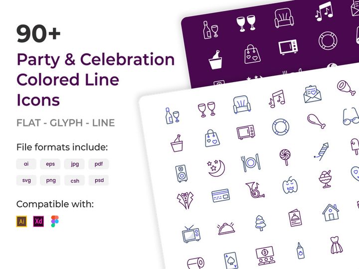 90+ Party and Celebration Colored Line Icons preview picture