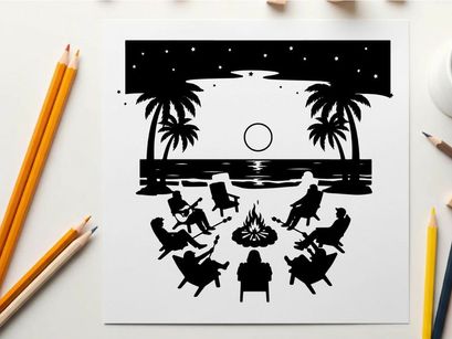 Silhouette of people gathered around campfire on beach at night