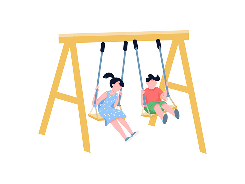 Children on chain swing flat color vector faceless characters