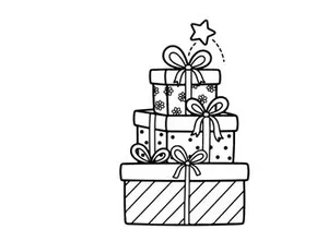 Stack of Christmas gift boxes with bows and a star, black and white line art illustration.