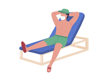 Guy with face mask lying on lounger semi flat color vector character preview picture