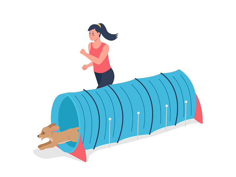 Woman running with dog for competition flat color vector detailed character
