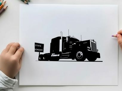 Silhouette of a large truck on the road with a sign